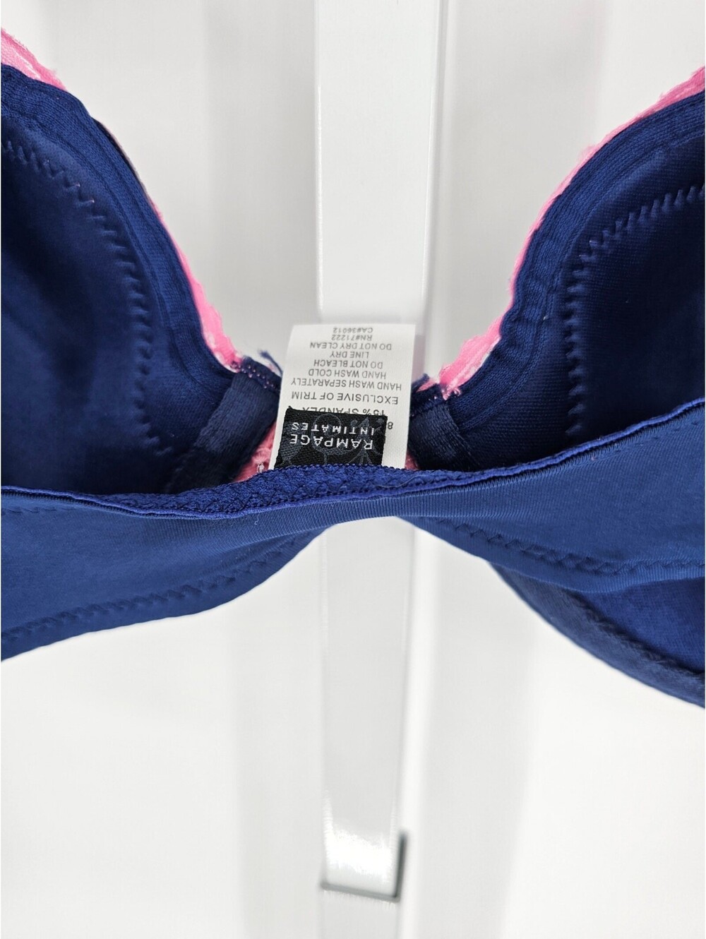 Vintage Rampage Intimates Womens Sz 36B Front Clasp T Shirt Bra Navy & Pink Lace - Picture 5 of 6